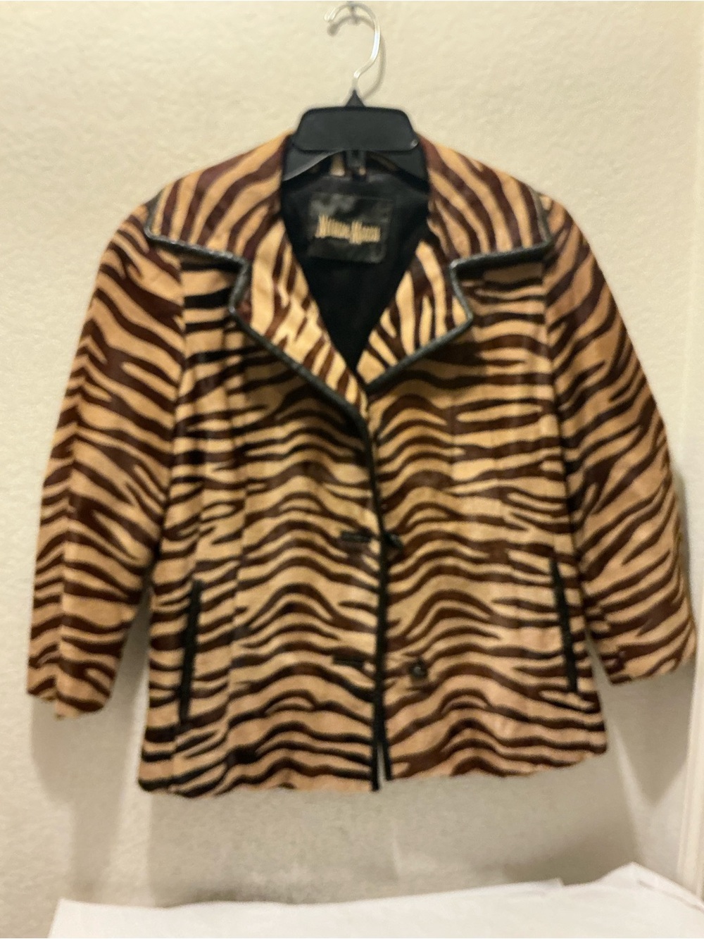 Neiman Marcus Zebra-Print Brown & Tan Teddy Jacket leather trim
